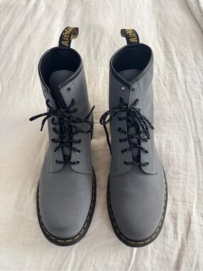 Dr. Martens Gray 8-Eye Lace-Up Combat Boots with Yellow Welt Stitching
